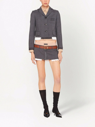 Miu Miu Logo-embroidered Prince Of Wales Check Crop Blazer In Grey