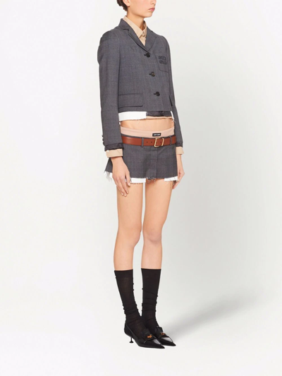 Miu Miu Logo-embroidered Prince Of Wales Check Crop Blazer In Grey