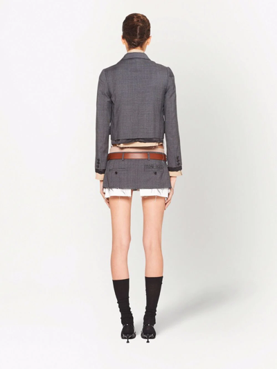 Miu Miu Logo-embroidered Prince Of Wales Check Crop Blazer In Grey