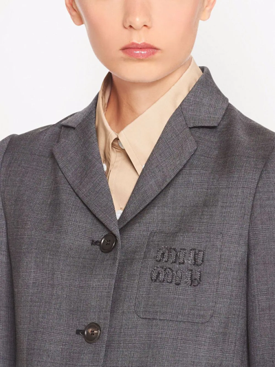 Miu Miu Logo-embroidered Prince Of Wales Check Crop Blazer In Grey