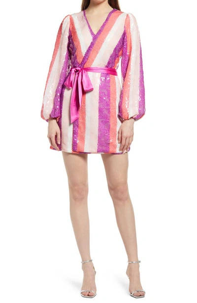 Shop Btfl-life Stripe Sequin Wrap Minidress In Multi Stripe