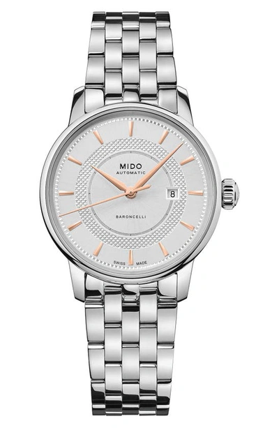 Shop Mido Baroncelli Signature Automatic Bracelet Watch, 30mm In Silver/ White