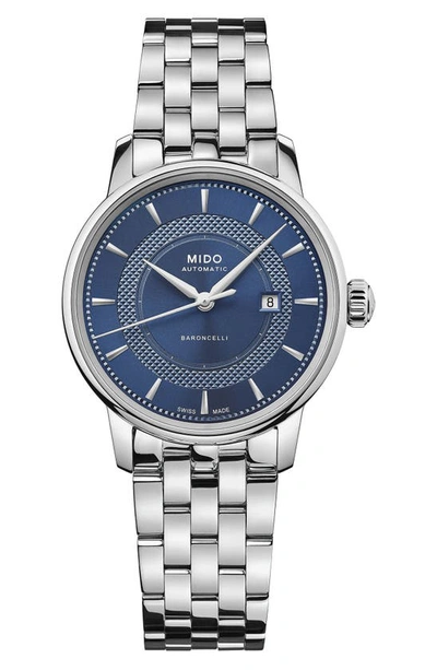 Shop Mido Baroncelli Signature Automatic Bracelet Watch, 30mm In Silver/ Blue