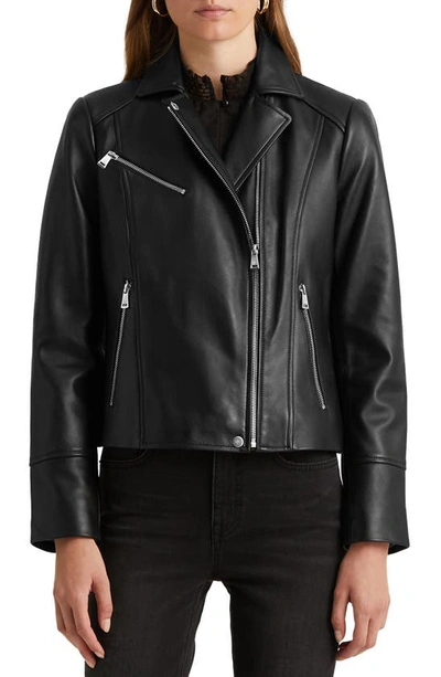 Shop Lauren Ralph Lauren Lambskin Leather Moto Jacket In Black