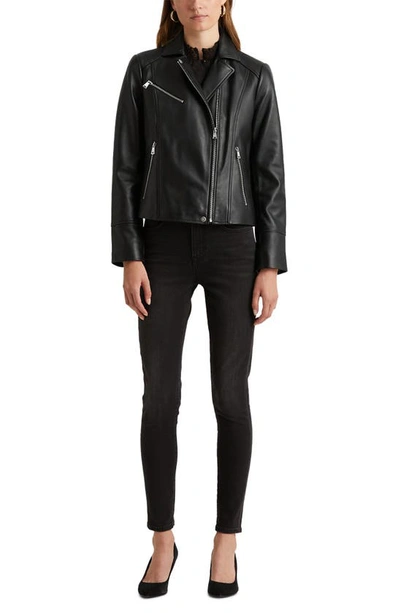Shop Lauren Ralph Lauren Lambskin Leather Moto Jacket In Black