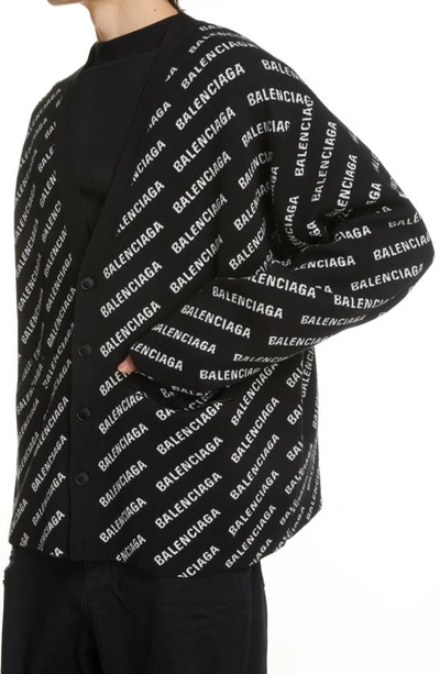 Shop Balenciaga Mini Allover Logo Cotton & Wool Blend Cardigan In Black / White