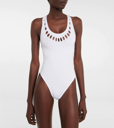 Shop Alaïa Cutout Racerback Swimsuit In White
