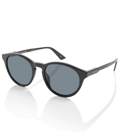 Shop Gucci Logo Round Sunglasses In Black-black-grey
