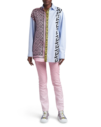 Shop Versace Colorblock Monogram-print Button-down Silk Shirt In Candyblack
