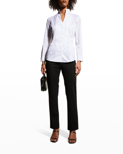 Shop Misook High-neck Stretch Cotton Blouse In White