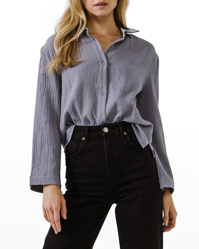Shop Free The Roses Cotton Gauze Button-front Top In Dusty Blue