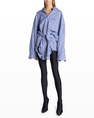 Shop Balenciaga Tie-waist Striped Crinkle Poplin Shirt In Blue/whte