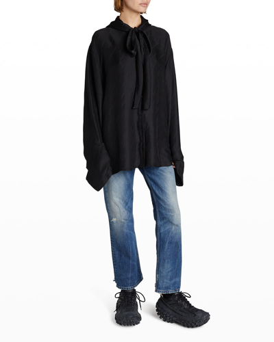 Shop Balenciaga Logo Jacquard Hooded Silk Blouse In Noir