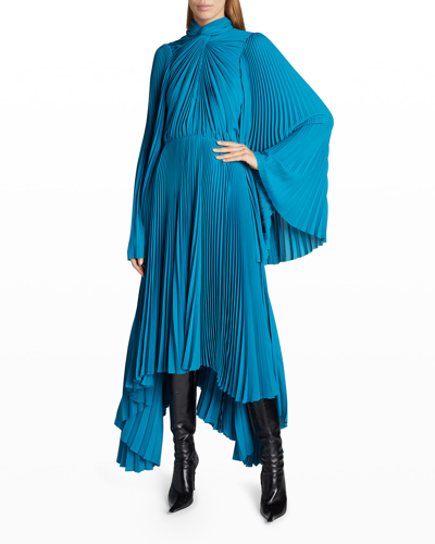 Shop Balenciaga Twist Pleated Crepe Midi Dress In Petrol Blu
