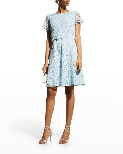 Shop Shani Short-sleeve Popover Lace Dress In Dusty Blue