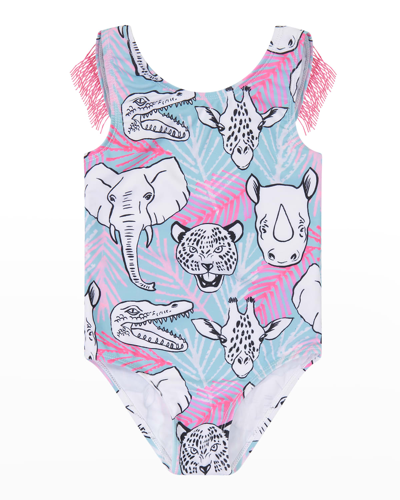 Shop Andy & Evan Girl's Fringe Animal-print One-piece Swimsuit In Aqua Animals