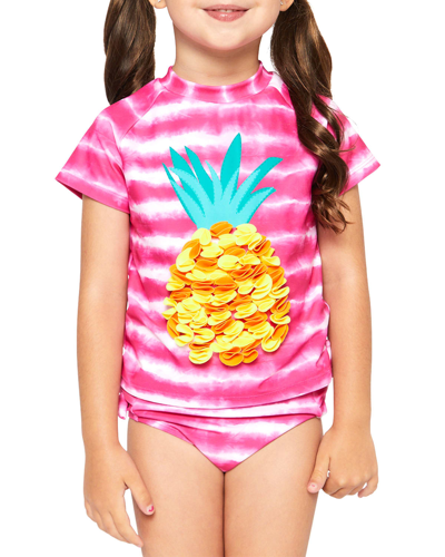 Shop Andy & Evan Girl's Pineapple Striped Tie-dye Rashguard And Swimsuit Set In Pink Pineapple
