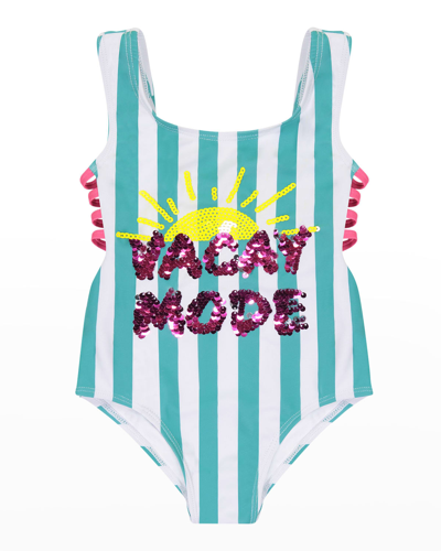 Shop Andy & Evan Girl's Vacay Mode Striped One-piece Swimsuit In Teal Stripe
