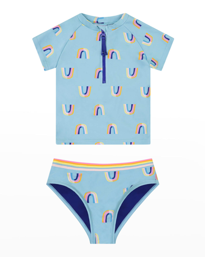 Shop Andy & Evan Girl's Rainbow Rash Guard Bikini Set In Aqua Rainbow