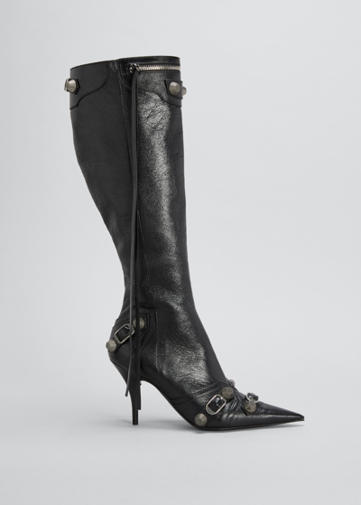 Shop Balenciaga Cagole Lambskin Buckle Zip Knee Boots In 1081 Blk Pallad