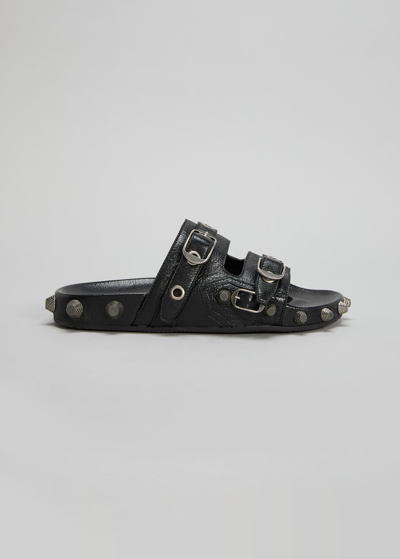 Shop Balenciaga Cagole Lambskin Buckle Slide Sandals In 1081 Blk Pallad