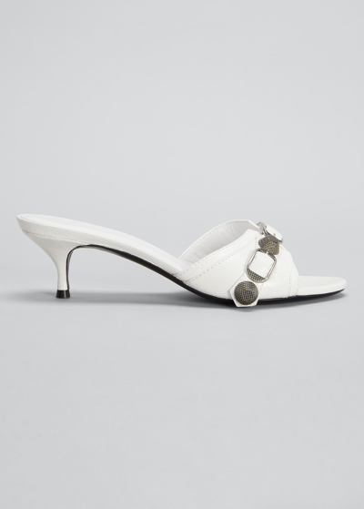 Shop Balenciaga Cagole Lambskin Buckle Slide Sandals In 9081 White Pallad
