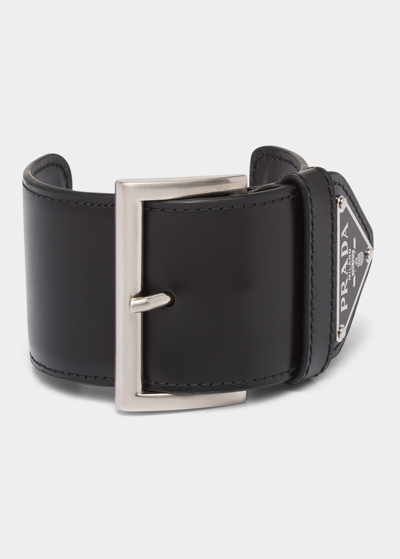 Shop Prada Triangle Leather Arm Cuff In F0002 Nero