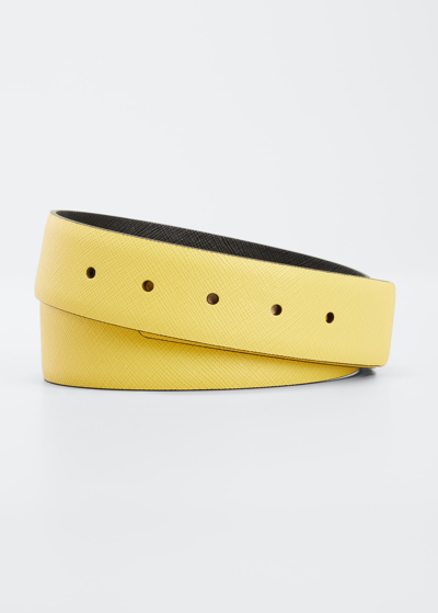 Shop Prada Men's Reversible Saffiano Leather Belt Strap In F0qyo Sole/nero