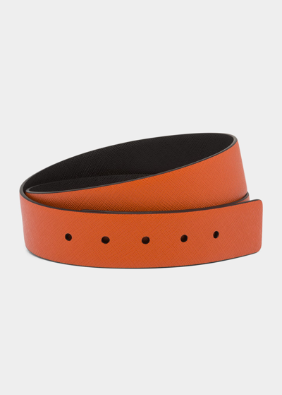 Shop Prada Men's Saffiano Leather Belt Strap In F0zz2 Papaya/nero