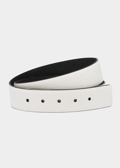 Shop Prada Men's Reversible Saffiano Leather Belt Strap In F0g3z Bianco/nero