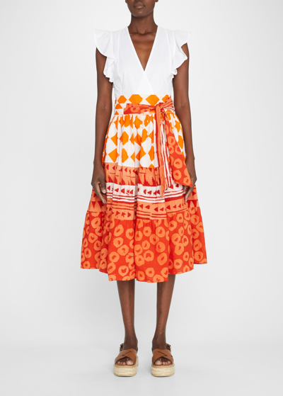 Shop Studio 189 Mixed-batik Cotton Midi Skirt In Orange