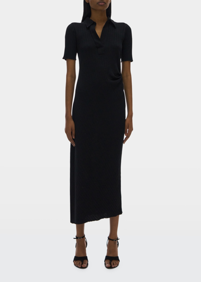 Shop Helmut Lang Ribbed Knit Polo Midi Dress In Bslt Black