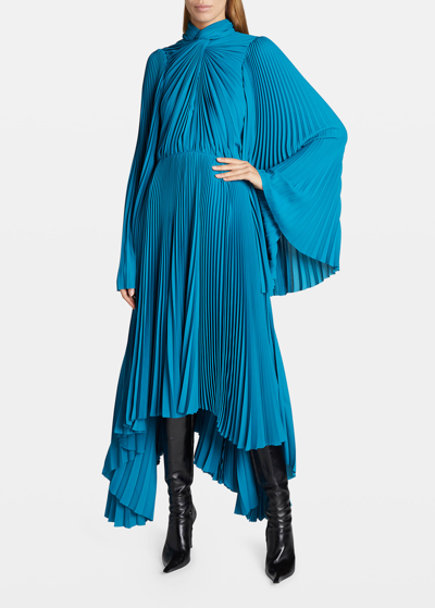 Shop Balenciaga Twist Pleated Crepe Midi Dress In Petrol Blu
