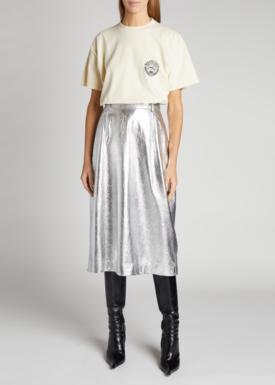 Shop Balenciaga Metallic Leather Midi Skirt In Silver