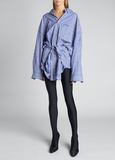 Shop Balenciaga Tie-waist Striped Crinkle Poplin Shirt In Blue/whte