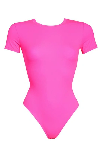 Shop Skims Stretch Cotton Jersey T-shirt Bodysuit In Neon Pink