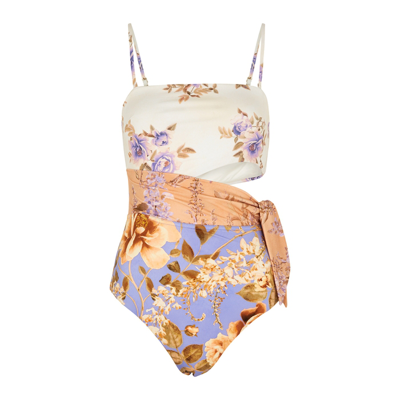 Shop Zimmermann Rosa Floral-print Cut-out Swimsuit In Multicoloured