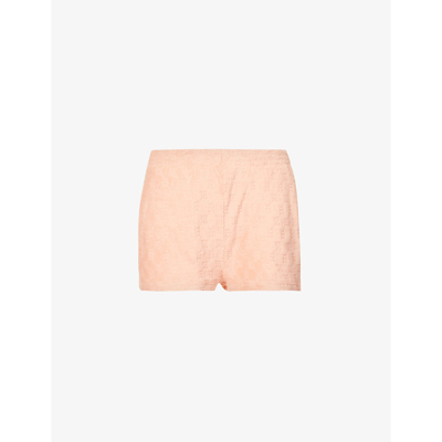 Shop Misbhv Monogram-pattern High-rise Cotton-blend Towelling Shorts In Peach