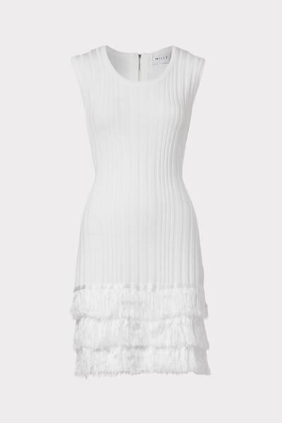 Shop Milly Fringe Sleeveless Fitted Dress In Ecru
