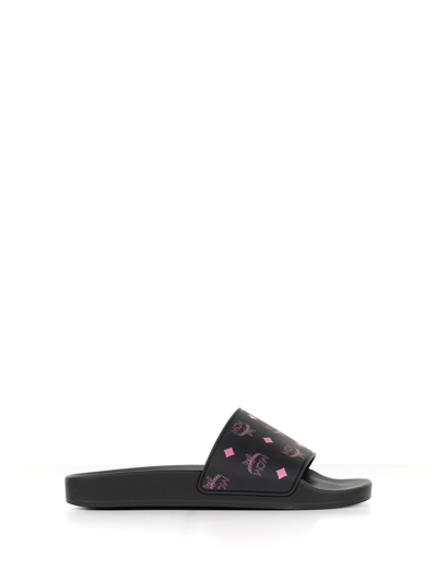 Shop Mcm Slides With All-over Logo In Plumeria