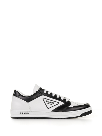 Shop Prada District Leather Sneakers In Bianco Nero