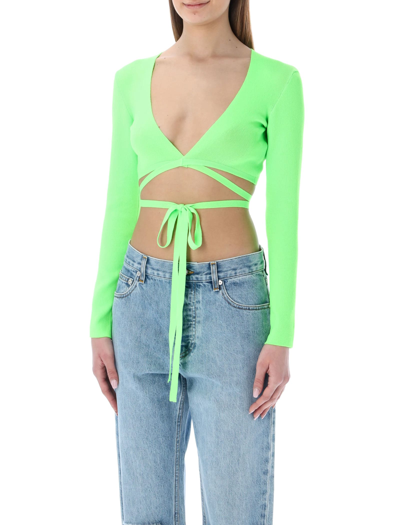 Shop Msgm Lace-up Cropped Top In Fluo Green