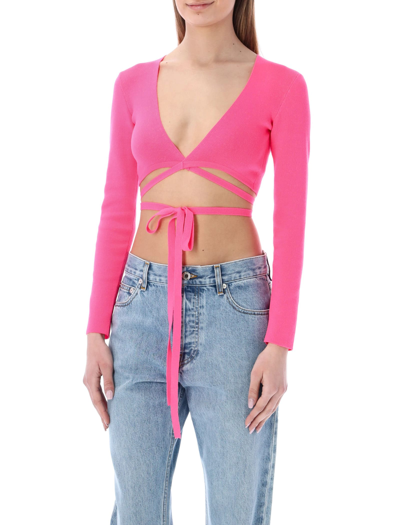 Shop Msgm Lace-up Cropped Top In Fluo Pink