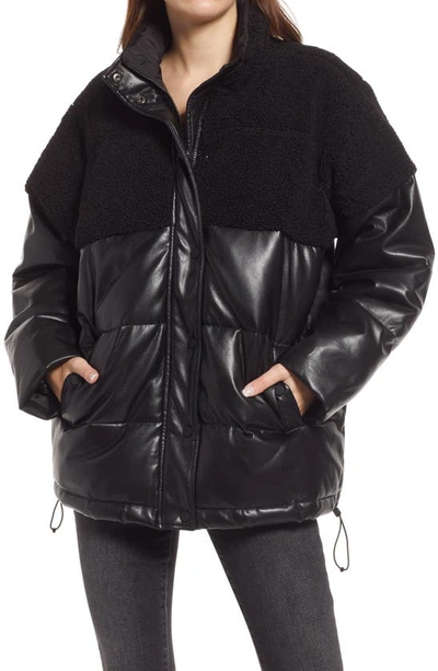 Shop Good American Faux Shearling Puffer Jacket In Black001