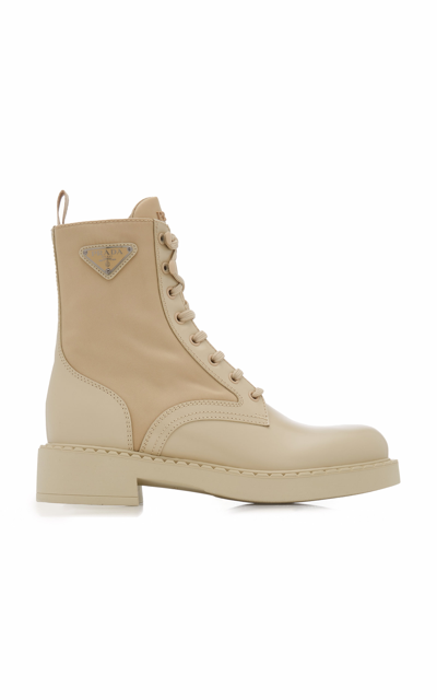 Shop Prada Re-nylon And Leather Lace-up Boots In Neutral