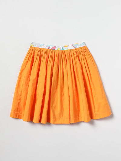 Pucci Cotton Popline Skirt With Printed Waistband In Orange