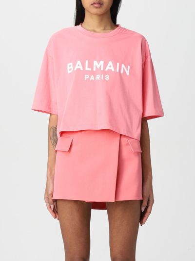 Shop Balmain Cotton T-shirt With Logo In Pink