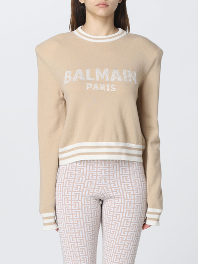 Shop Balmain Wool Blend Cropped Sweater In Sand