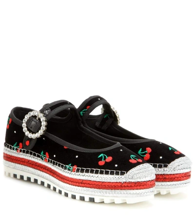 Marc By Marc Jacobs Suzi Cherry-embroidered Velvet Espadrille Mary Janes In Black