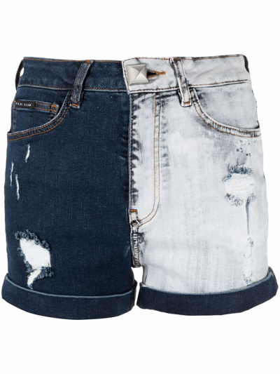 Shop Philipp Plein Two-tone Denim Shorts In Blau